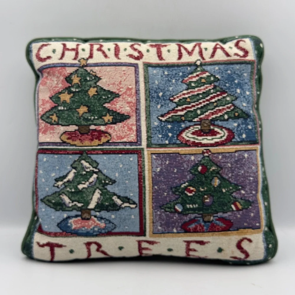 Vintage Christmas Trees Tapestry Pillow Green Woven Holiday Decor 12x12 Retro